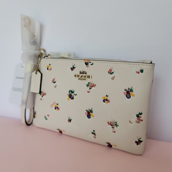COACH Small Wristlet in Floral Print Pebbled Leather– Chalk Multi⭐ - Picture 4 of 16